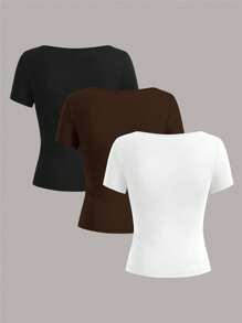 SHEIN EZwear 3 件套女式短袖短款修身休闲 T 恤上衣，夏季 - 彩色 - 查看 2