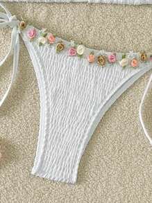 SHEIN Swim Simple Solid Color Floral Accents Triangle Spaghetti Strap Bra And Tie Side Bottom Bikini 2 Pieces Set, Summer Beach Vacation - White - View 4