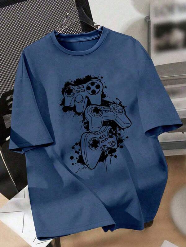 SHEIN Camiseta de manga corta informal para adolescentes con estampado minimalista de mando de videojuegos