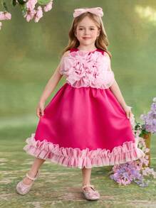 SHEIN Young Girl Woven Solid Color Round Neck Ruffle Hem Snug Fit Dress - Pink - View 4