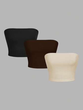 SHEIN EZwear 3 Pack Women Bandeau Crop Tops, Casual & Fitted, Suitable For Summer