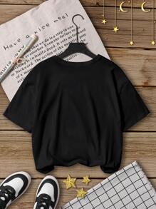 SHEIN 男童休闲时尚圆领针织印花 T 恤 - 黑色 - 查看 2