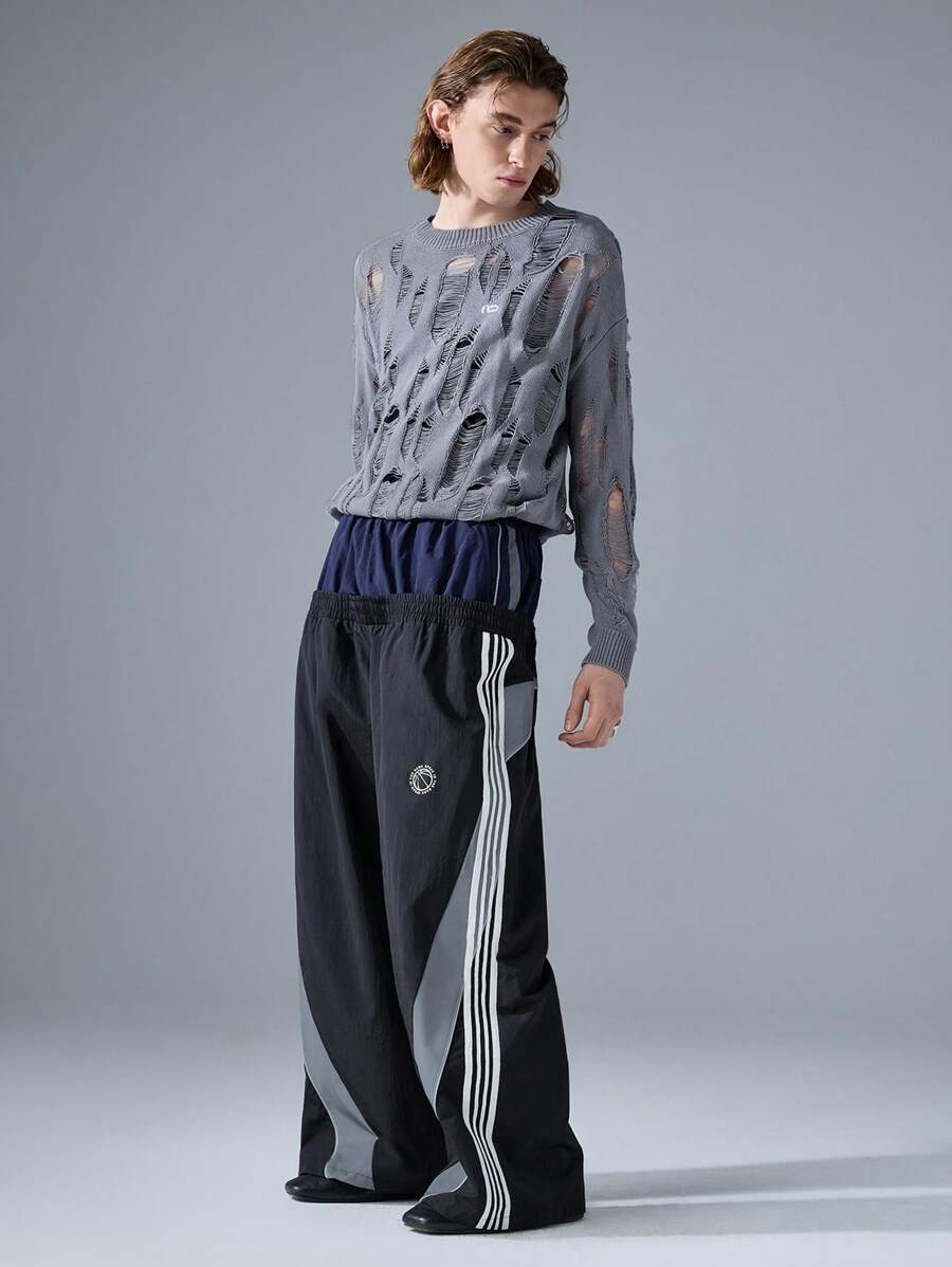 NEON BLANC 男士街头时尚针织圆领长袖毛衣，带刺绣镂空设计，适合秋冬穿着 - 灰色 - 查看 1