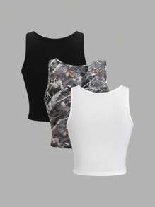 SHEIN Unity 1pc Rectangular Neckline, Cropped, Snug-Fit, Low-Cut, Fitted Satin Grain Print Tank Top - Multicolor - View 2