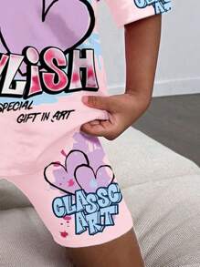 SHEIN Ensemble 2 pièces top à manches courtes et shorts style décontracté minimaliste pour jeunes filles, convient pour l'été