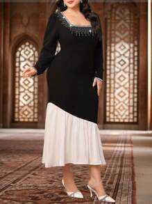 Modelyn Plus Size Women Rhinestone Decor Square Neck Long Sleeve Mermaid Hem Elegant Dress - Black and White - View 4