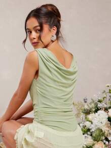 L'Amorae Women's Elegant Summer Sage Green Bodysuit,Sleeveless Ruched Asymmetric Collar Twisted Shoulder Straps Solid Color Fashionable Tops For Dinner Date - Green - View 4