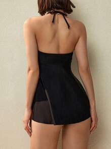 SHEIN Swim 女士吊带可拆卸荷叶边拼接泳衣裙泳装，适合海滩、夏季度假 - 黑色 - 查看 2