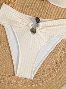 SHEIN Swim Women's Solid Textured Bandeau Snakelike Metal Decor Elegant Cute Fashionable Bikini Set Swimwear, Summer Beach Vacation - Apricot - View 3