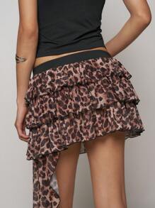 Easelle Leopard Print Mesh Layered Ruffle Hem Patchwork Asymmetric Tie-Waist Short Skirt For Women - Coffee Brown - View 2
