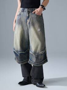 NEON BLANC Men's Street Style Blue Fashion Embroidered Woven Denim 3/4 Shorts