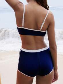 Swim SPRTY 2pcs Women Solid & Color-Block Sports Bikini Set, Simple Style Swimsuits And Swimming Trunks, Summer Beach Vacation