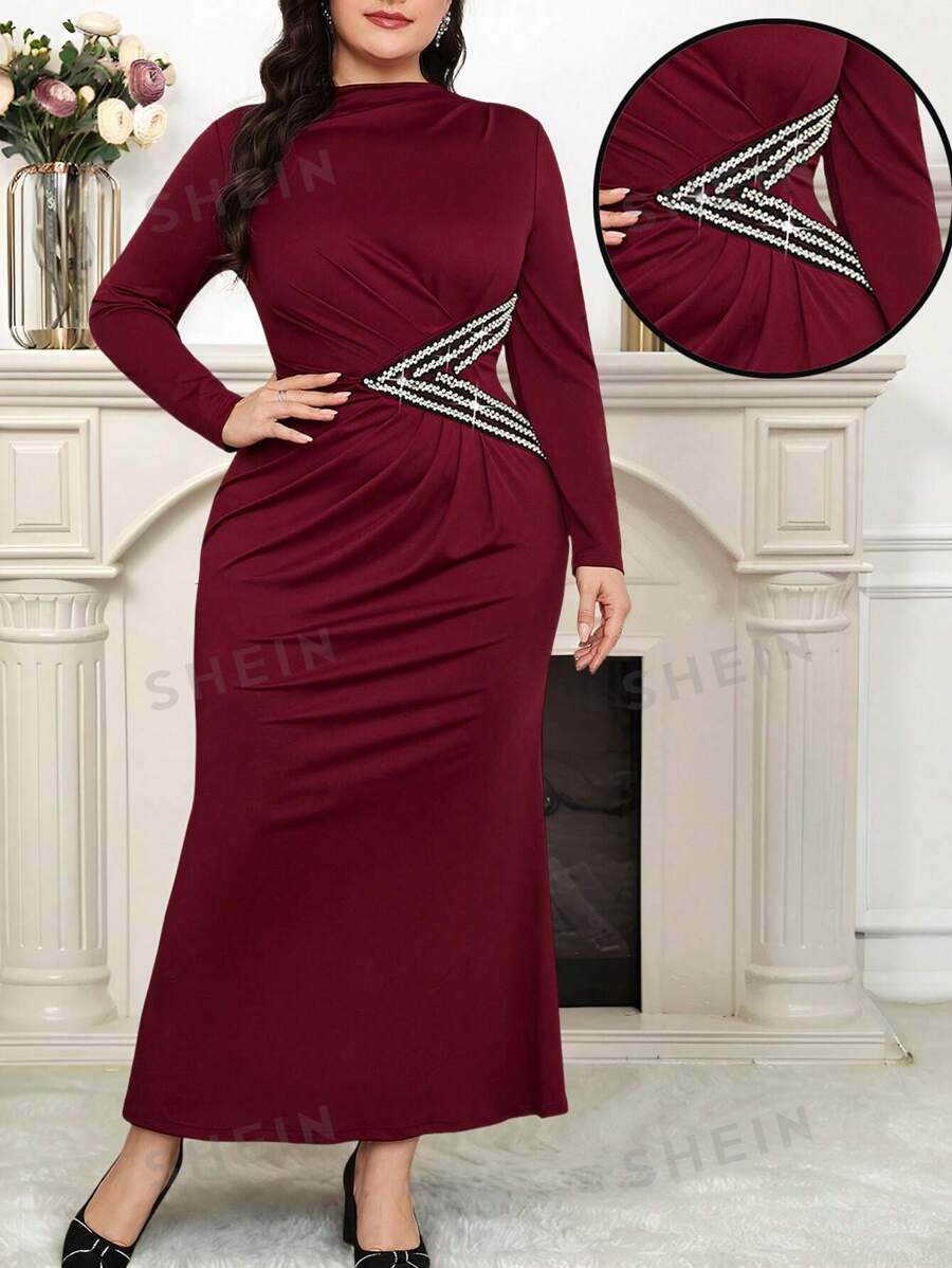 Modelyn Vestido largo informal de cuello redondo y manga larga con decoración de cristales para tallas grandes