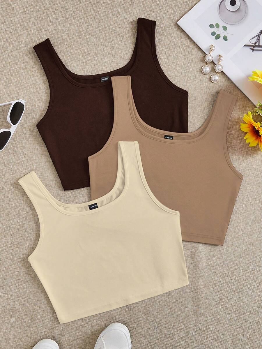 SHEIN EZwear 3pcs/Set Women's Ultra-Short Tight Fitting Casual Tank Top, Suitable For Summer Back To School - Multicolor - View 1