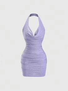 Sweetra Váy mini dự tiệc vải mỏng bóng gợi cảm mới cho nữ với thiết kế hở lưng nhún bèo, phù hợp cho mùa xuân và mùa hè - Màu tím - Xem 1