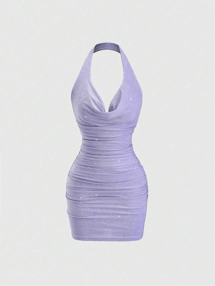 Sweetra Váy mini dự tiệc vải mỏng bóng gợi cảm mới cho nữ với thiết kế hở lưng nhún bèo, phù hợp cho mùa xuân và mùa hè - Màu tím - Xem 1