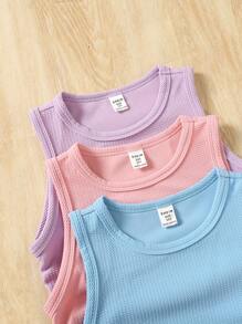 SHEIN 3pcs/Set Tween Girls Solid Color Fitted Casual Short Crop Top - Multicolor - View 3
