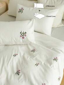 Juego de funda nórdica de 3 piezas, 100% poliéster con bordado floral (1 funda nórdica y 2 fundas de almohada), juego de ropa de cama moderna de poliéster para todas las estaciones
