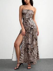 Chiquease Sleeveless Sexy Thigh Slit Leopard Print Dress - Coffee Brown - View 6