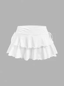 SHEIN MOD 2pcs Set Women's Casual Minimalist Ruched Waist A-Line Ruffle Skirt,Concert Women,Cruise Women,Club Women Sexy Suitable For Going Out Chic Dress - Multicolor - View 7