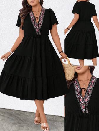 SHEIN LUNE 大码女式优雅喇叭下摆 V 领度假连衣裙