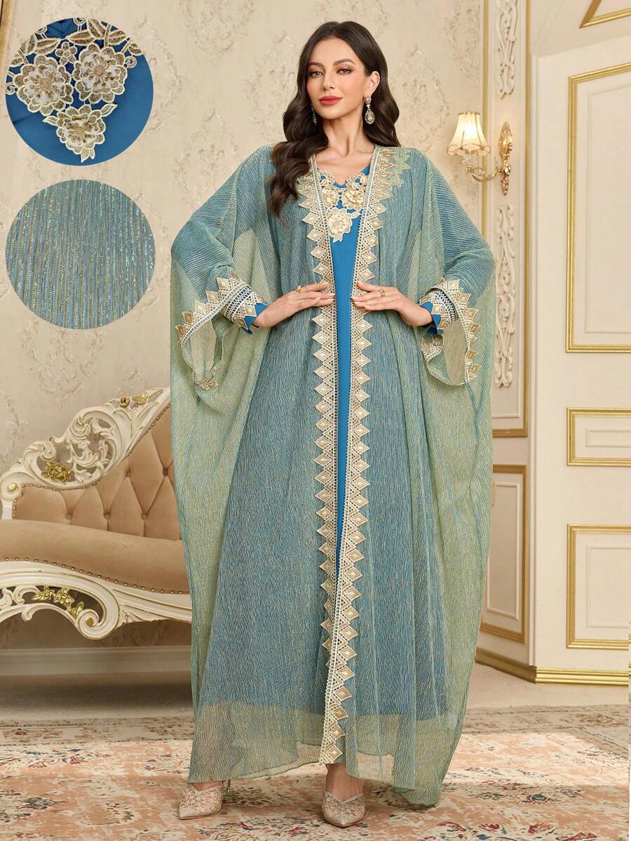 Al Najma 2pcs Women's Long Elegant Loose Fit Dress With Detachable Coat - Blue - View 1