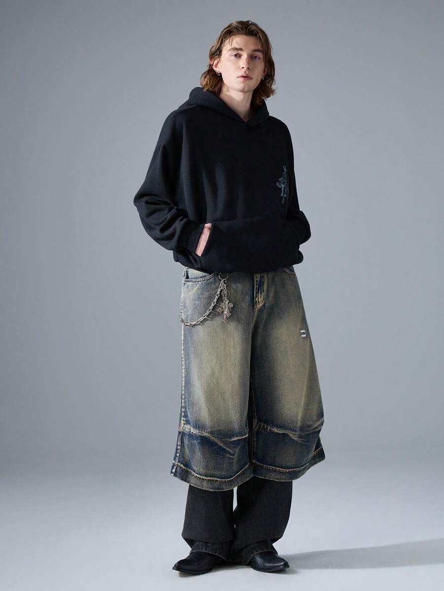 NEON BLANC Men's Street Style Blue Fashion Embroidered Woven Denim 3/4 Shorts