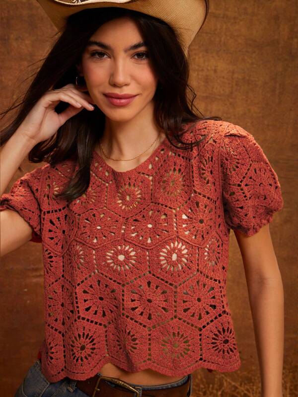 WESTFADE Scoop Neck Summer Faux Crochet Short Ruffle Puff Sleeve Scalloped Hem Slim Fit Cowgirl Knit Crop Top Spring Break Beach Vacation