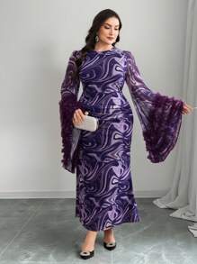 Modelyn 大码优雅派对大理石印花网眼撞色喇叭袖中长连衣裙