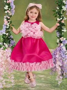 SHEIN Young Girl Woven Solid Color Round Neck Ruffle Hem Snug Fit Dress - Pink - View 2
