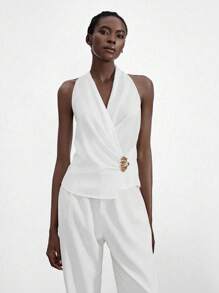 Chiquease 1 chiếc áo yếm kim loại cổ chữ V sâu cho nữ, 1 chiếc áo yếm satin trắng gợi cảm cho nữ - trắng - Xem 4