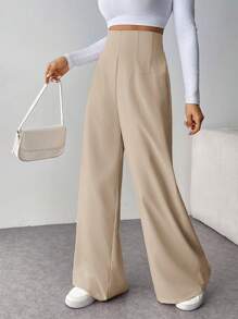 SHEIN Tall CURVE 大码女式休闲时尚高腰纹理阔腿裤，办公室/通勤装 - 杏色 - 查看 7