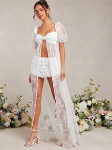 L'Amorae Puff Sleeve Lace Maxi Top With Pearls - White - View 2