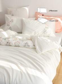 3pcs 100% Polyester Flowers Embroidery, Duvet Cover Set Without Filler,(1Duvet Cover &2 Pillowcases), Modern Polyester Bedding Set For All Season - White - View 3