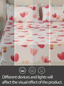 4pcs 100% Polyester Heart Print Bedding Set (2 Pillowcases + 1 Bed Sheet + 1 Fitted Sheet), Romantic Wedding Season - Multicolor - View 6