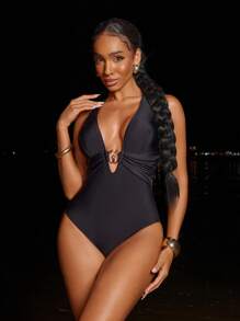 Swim SXY New Sexy One-Piece Swimsuit With V-Neck, Hollow Out Design, Criss-Cross Back Straps, Black Color, Fashionable Swimwear With Metal Accessories, For Resort & Pool For Summer Beach Vacation - Black - View 1