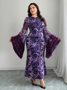 Modelyn 大码优雅派对大理石印花网眼撞色喇叭袖中长连衣裙