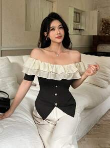 Chiquease 女式休闲褶饰荷叶边下摆不对称下摆短袖衬衫 - 黑色 - 查看 5