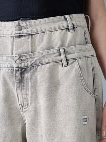 NEON BLANC 男士街头风格编织双腰带浅色创意破洞牛仔短裤，街头潮流 - 卡其色 - 查看 4