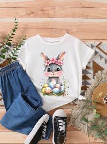 Dziewczęca (mała) koszulka z okrągłym dekoltem i krótkim rękawem z nadrukiem kreskówkowym, casualowa