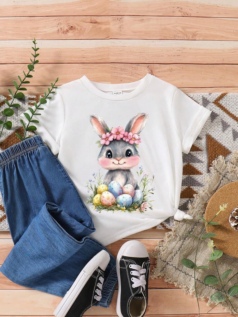 Dziewczęca (mała) koszulka z okrągłym dekoltem i krótkim rękawem z nadrukiem kreskówkowym, casualowa