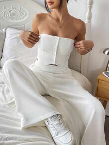 Muchica بدلة للسيدة تشمل سترة مضفرة بيضاء وبنطال مصمم بشكل أنيق وبسيط، ملابس كاجوال يومية