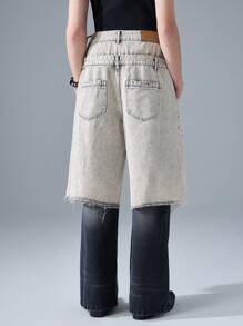 NEON BLANC 男士街头风格编织双腰带浅色创意破洞牛仔短裤，街头潮流 - 卡其色 - 查看 3