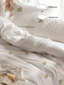 3件套100%涤纶花卉刺绣被套组（1个被套和2个枕套），现代涤纶床上用品套装，四季皆宜 - 白色 - 查看 7