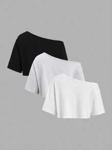 Sweetra 4PCS/Set Off-Shoulder Short Sleeve T-Shirts In White, Gray, Black Multiple Colors, Loose Fit - Multicolor - View 2