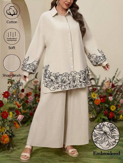 SHEIN LUNE 花卉印花长袖衬衫和裤子套装波西米亚风刺绣夏季/春季服装情人节大码女装亚麻面料