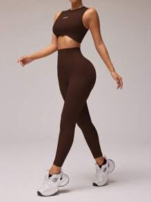 Eassivo Women's Dark Coffee Two-Piece Knit Top And Pants Seamless Jersey Sleeveless Printed Top, High-Waisted Figure-Hugging Yoga Pants, Sport Compression Soft Elastic Stretchable Breathable Long-Length Sport Pants With Sexy Silhouette, Suitable For Running, Cycling, Fitness, Outdoor Sports, Training, Sport With Added Thickness, Fashionable INS Style Sports Outfit,Suitable For Spring, Summer, And All Seasons - Coffee Brown - View 4