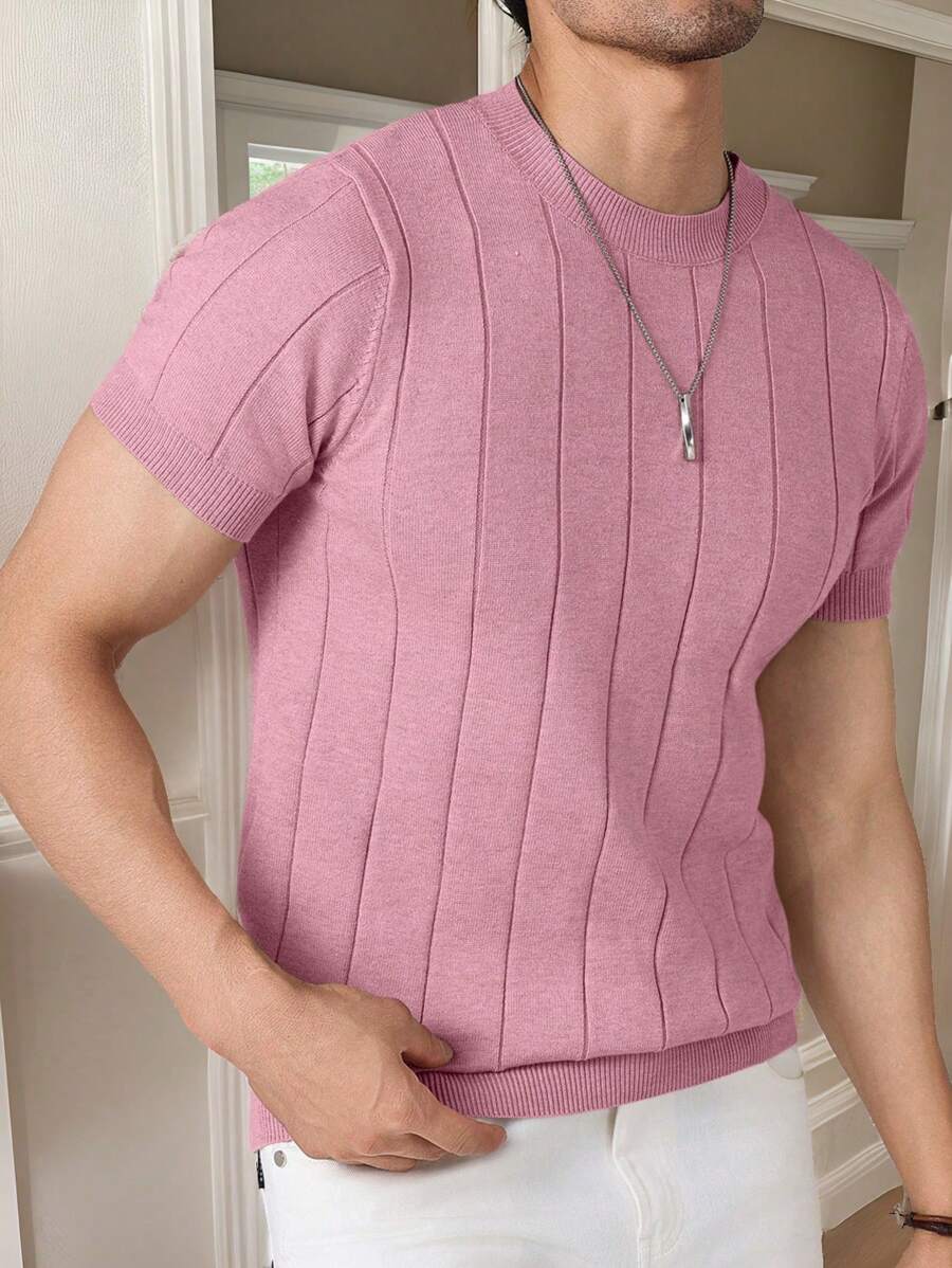 Manfinity Homme 男士纯色针织毛衣，简约时尚，适合夏季男士上衣针织上衣男 - 粉色 - 查看 1