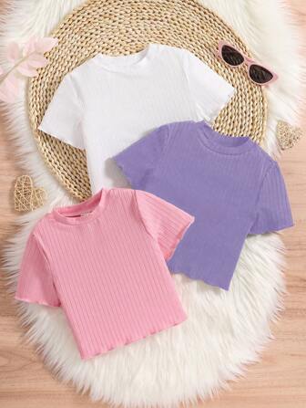 SHEIN Vintaside Kids Conjunto de 3 tops cortos acanalados de punto de color liso básico para niña, ideal para vacaciones, verano y viajes