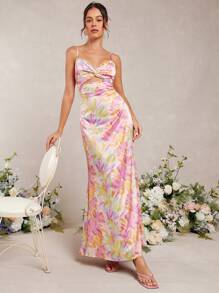 L'Amorae 优雅粉彩花卉印花缎面扭纹前部无袖长裙、婚礼宾客礼服、春季服装、女士夏季服装 - 彩色 - 查看 3